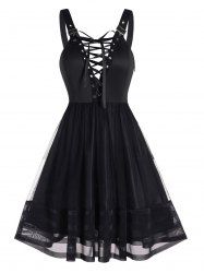 Lace Up Mesh Overlay Buckle Strap A Line Dress -  