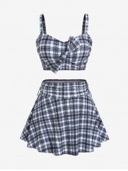 Plus Size Plaid Cinched Bowknot Padded Longline Bikini Three Piece Swimsuit -  
