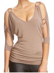 O Ring Cold Shoulder Ruched Long T Shirt -  