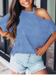 Plain Color Cold Shoulder Round Neck Short Sleeve T Shirt -  