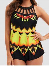 Modest Printed Ladder Cut Out Padded Round Neck Tankini Swimsuit -  