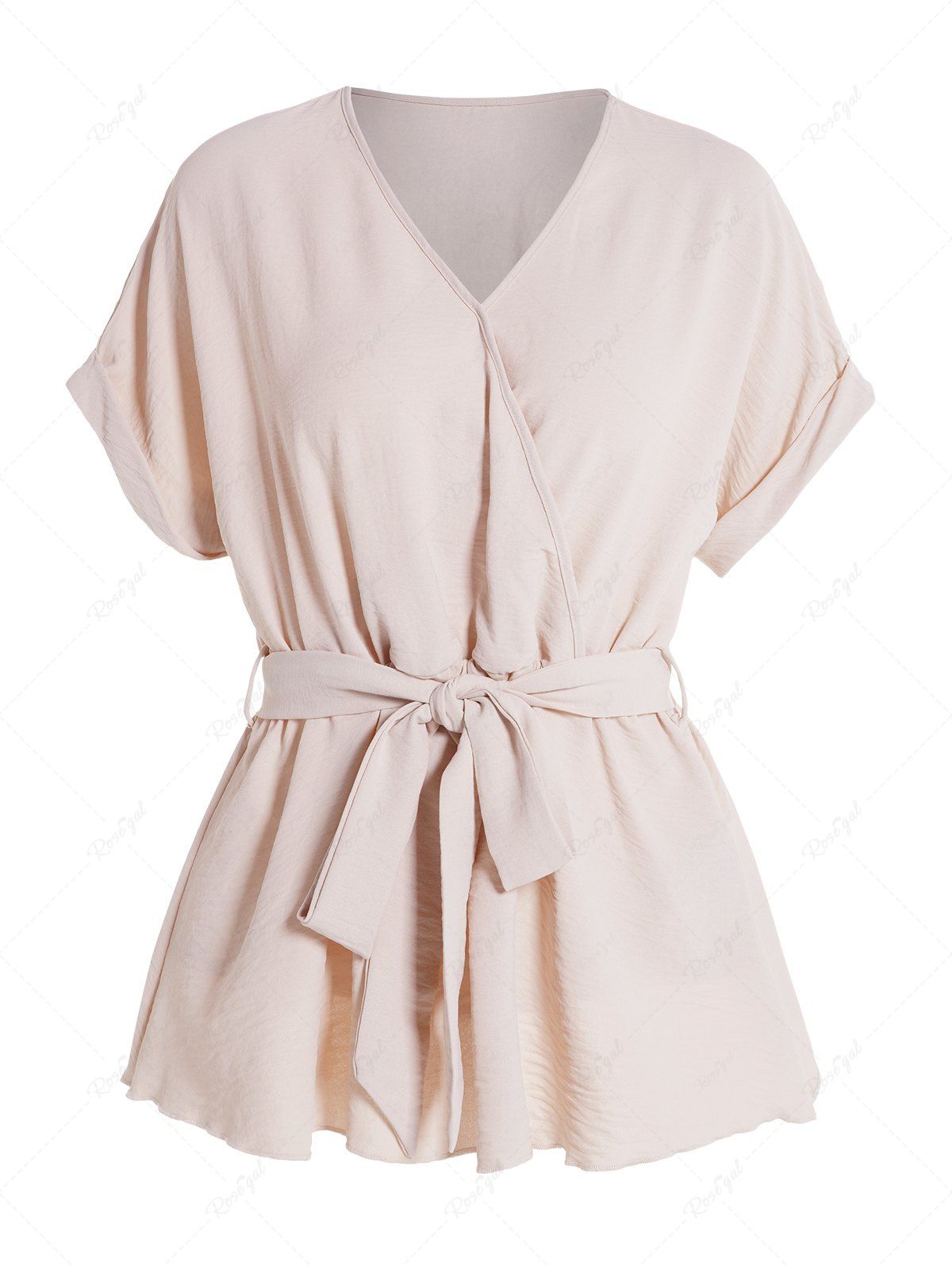 Fashion Plain Color Surplice Plunging Neck Elastic High Waisted Belted Short Sleeve Casual Blouse  