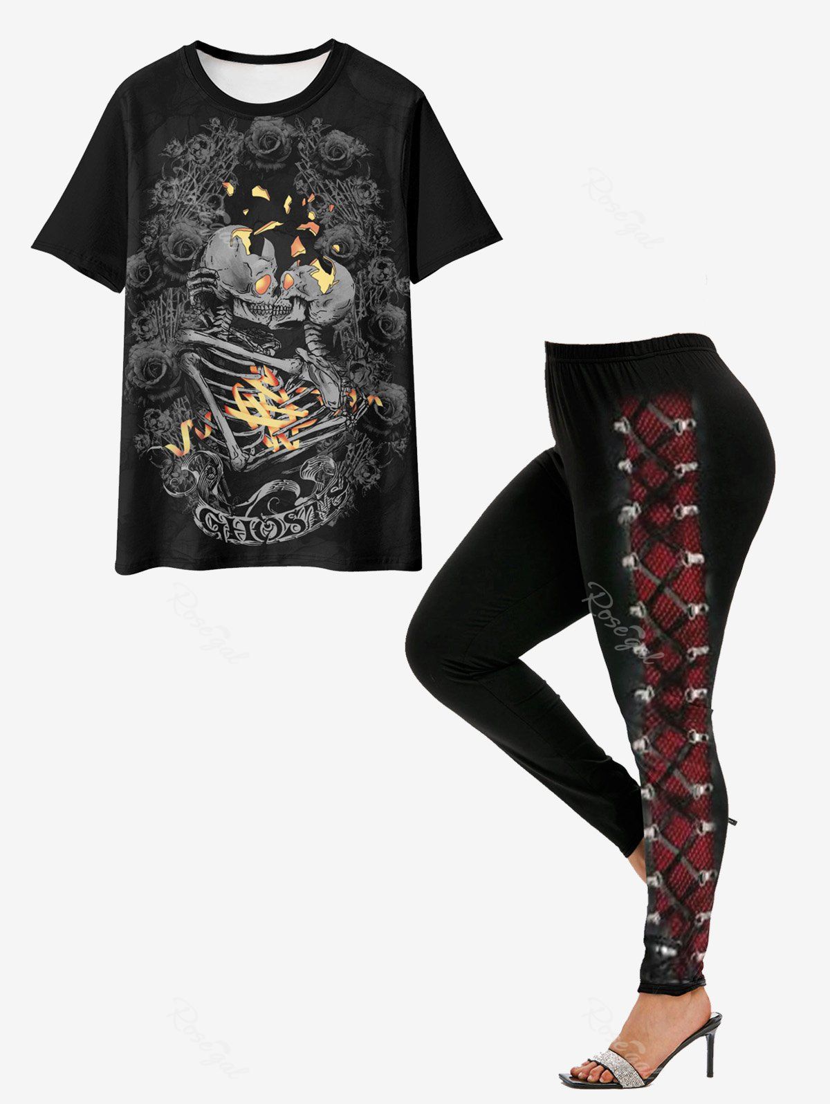 Ensemble de Legging Gothique à Imprimé 3D et T-shirt à Imprimé Squelette et Rose Fleur Noir 