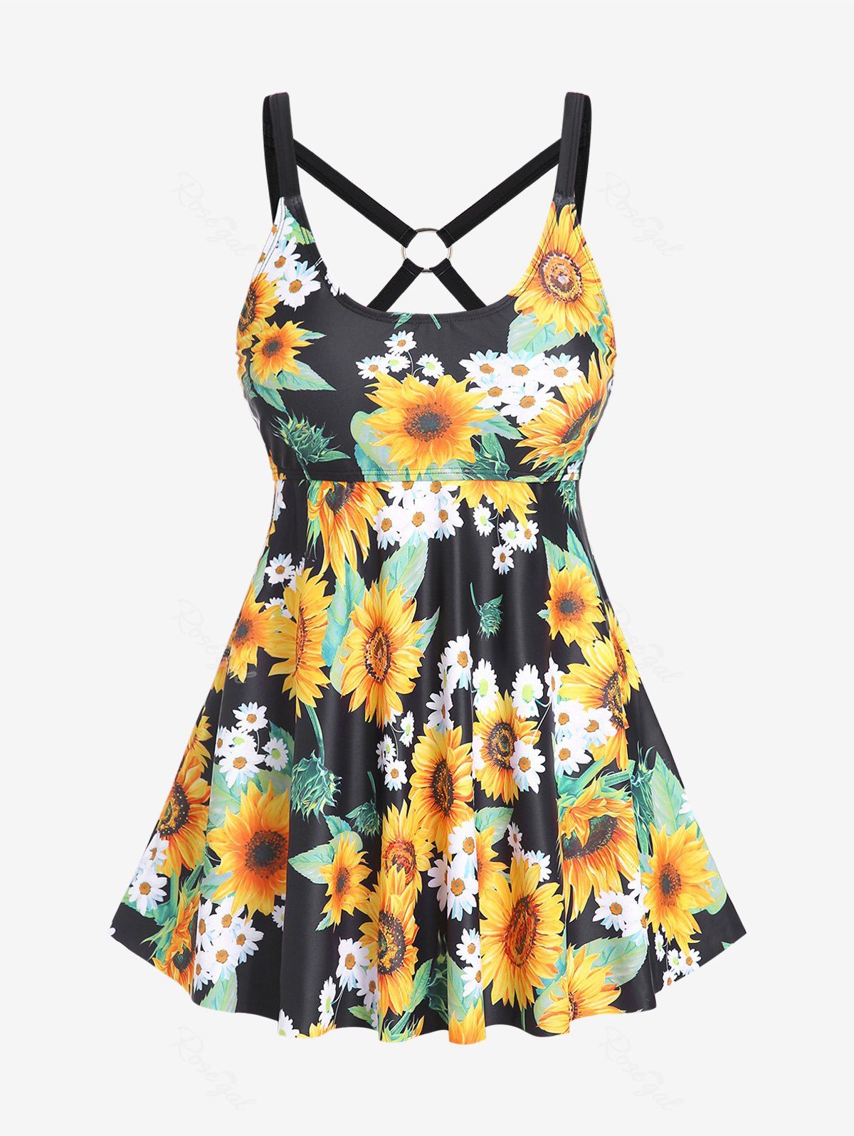 Plus Size Sunflower Daisy Printed O-ring Padded Tankini Top Swimsuit Jaune M | US 10