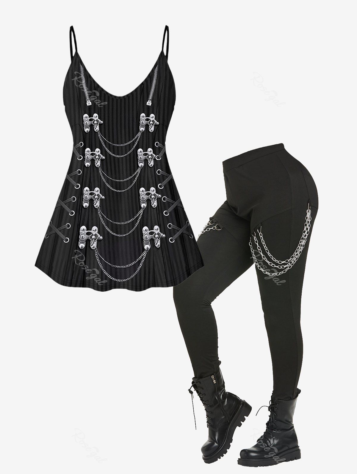 Ensemble de Top Gothique à Bretelles Fines et Pantalon Orné de Chaîne 3D à Taille Haute Noir 