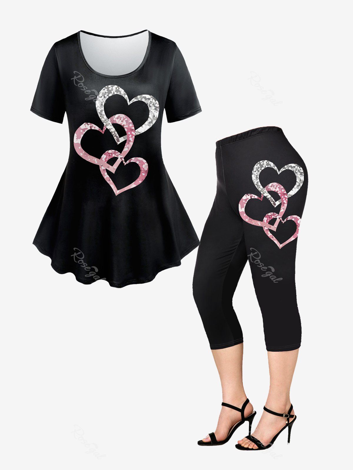 Ensemble d'Eté avec T-shirt à Imprimé Cœur et Legging Grande Taille Pour La Saint Valentin Noir 