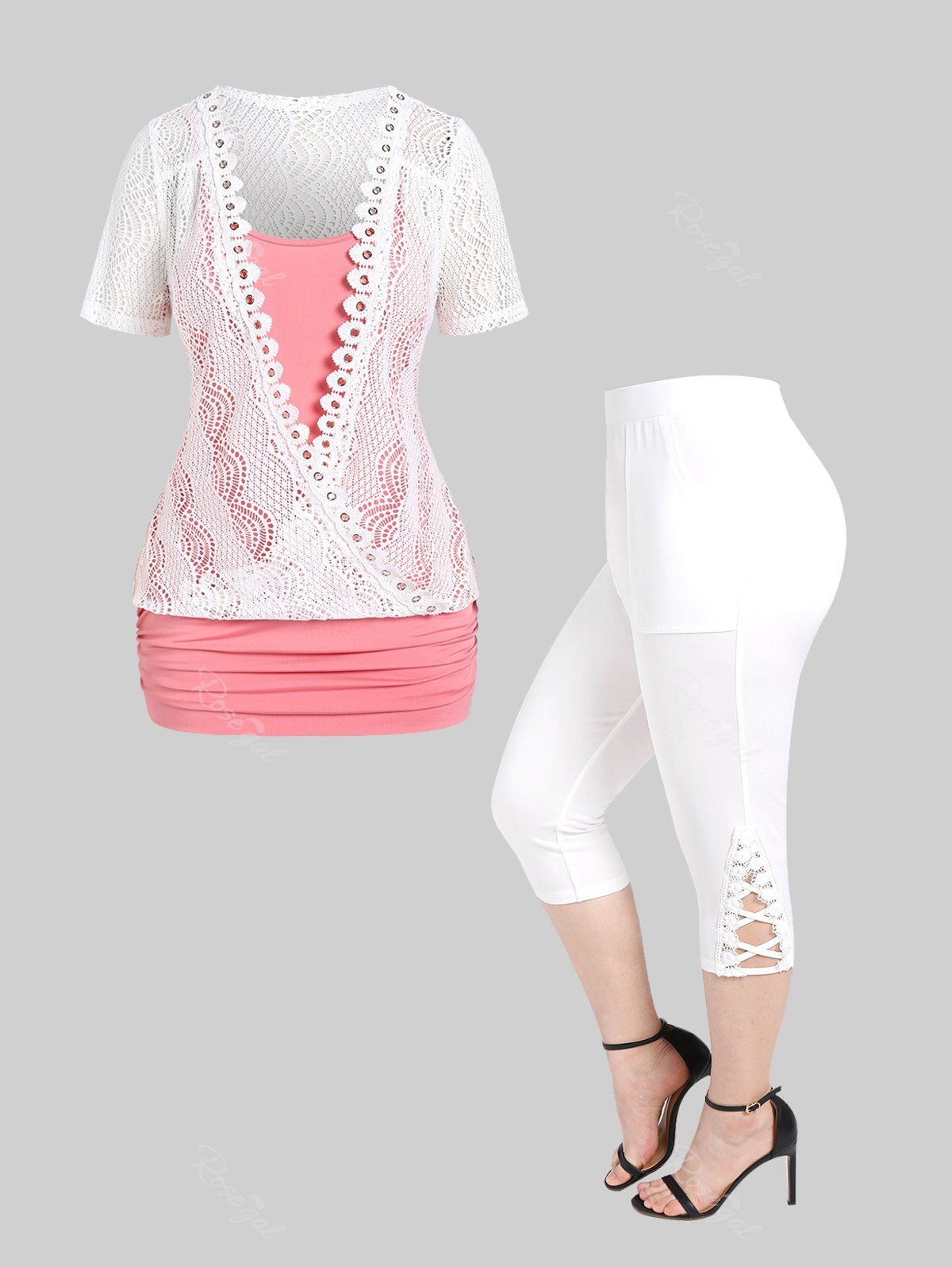 Cheap Lace Panel Two Tone 2 in 1 Tunic Top and Pockets Capri Leggings Plus Size Summer Outfit  