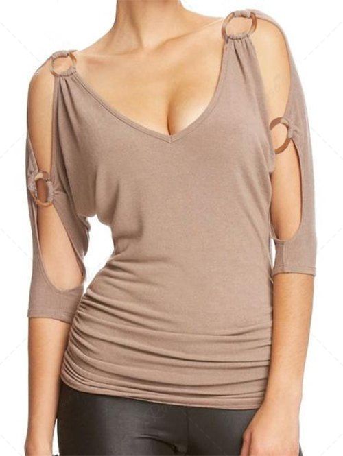 Fashion O Ring Cold Shoulder Ruched Long T Shirt  