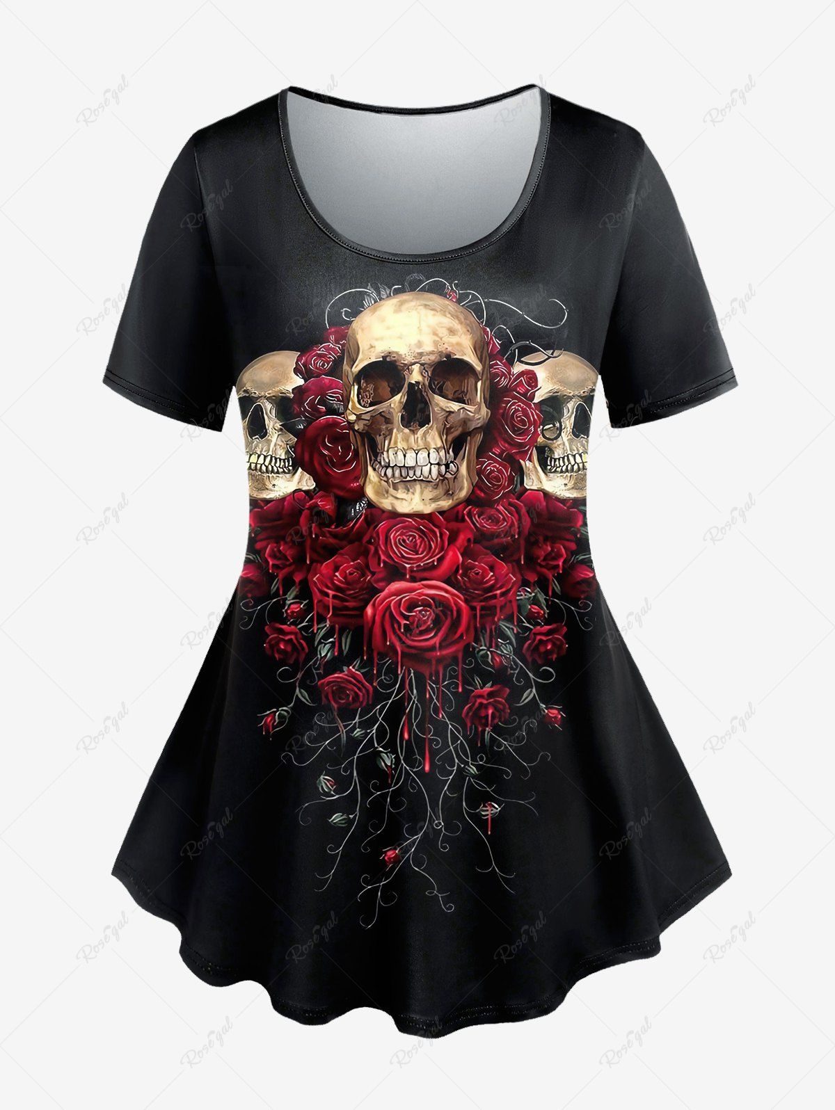 Chic Gothic Skull Rose Print T-shirt  