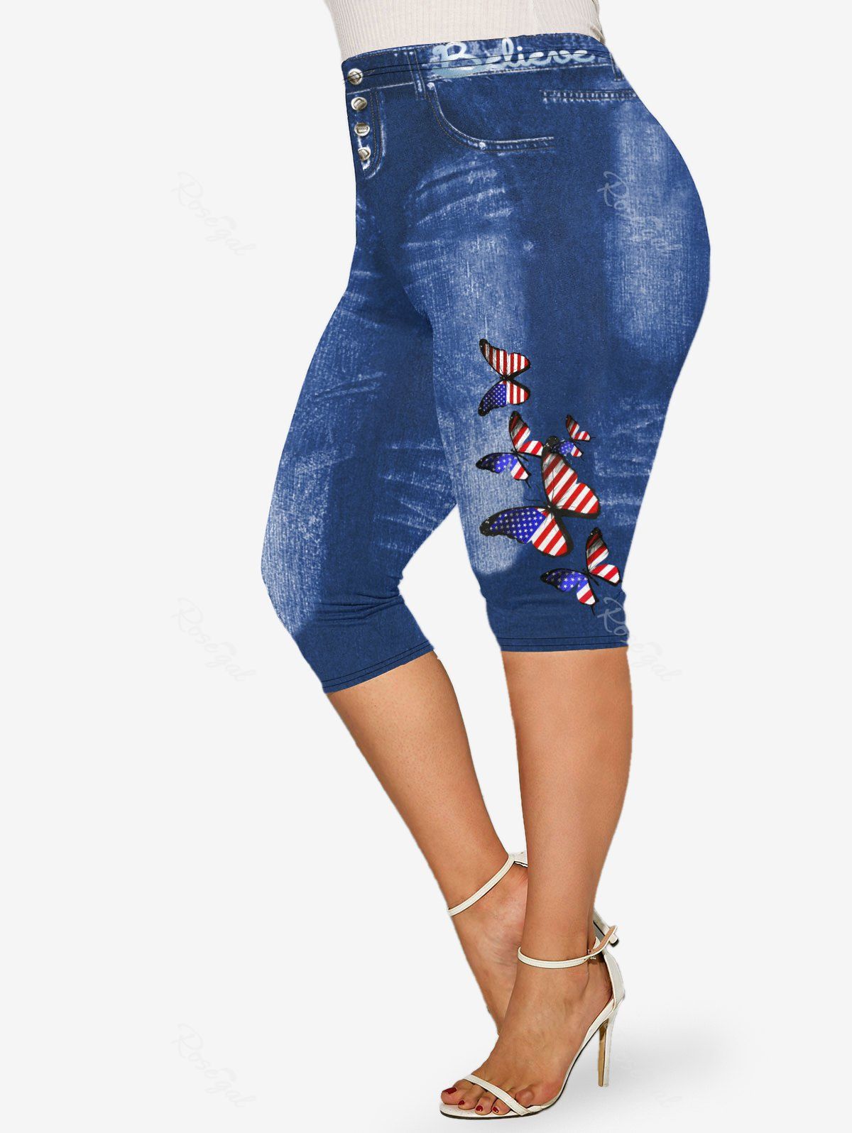 Outfits Plus Size Patriotic American Flag Butterfly 3D Print Capri Jeggings  