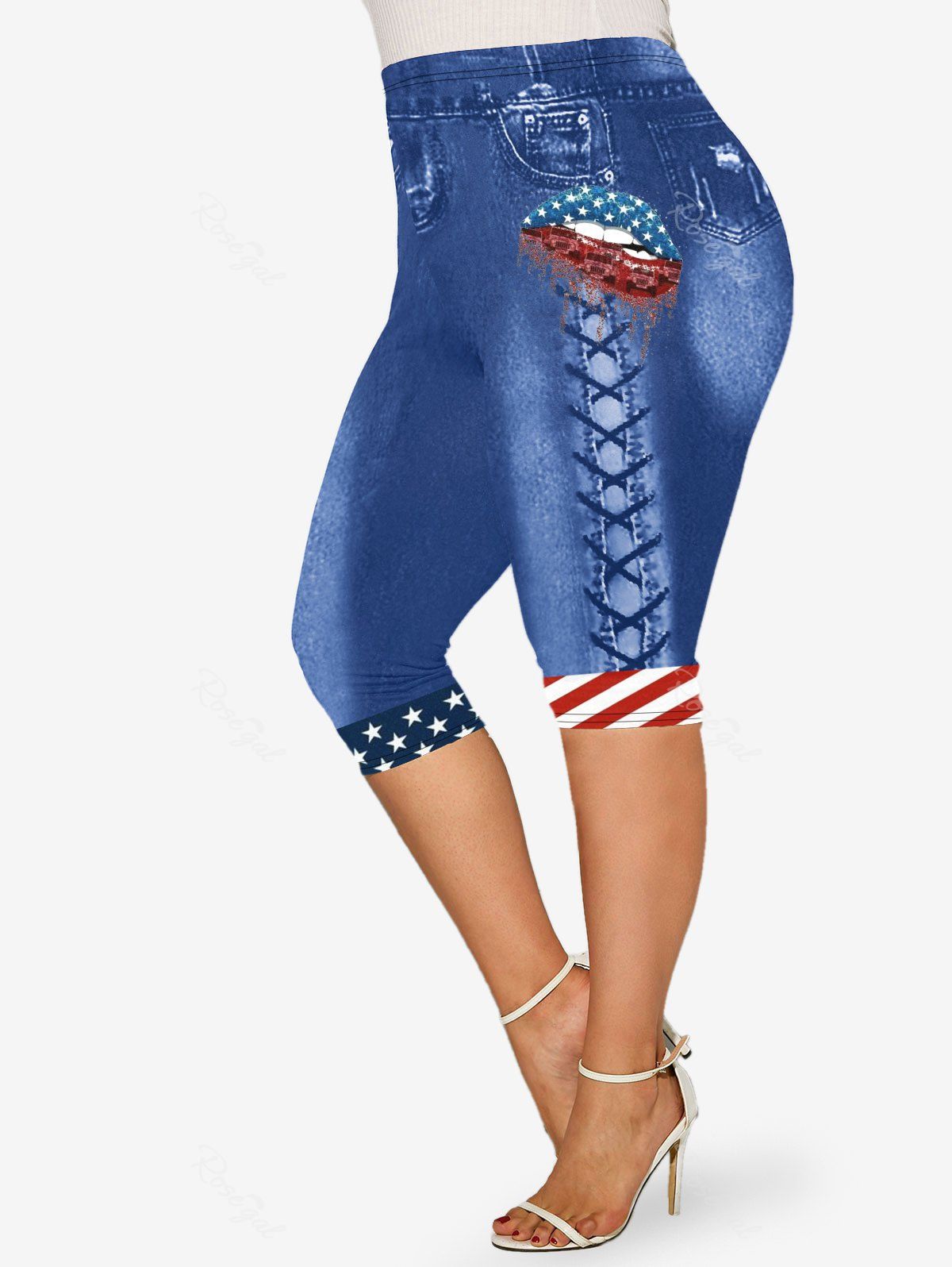 Fashion Plus Size American Flag Lip 3D Print Capri Jeggings  