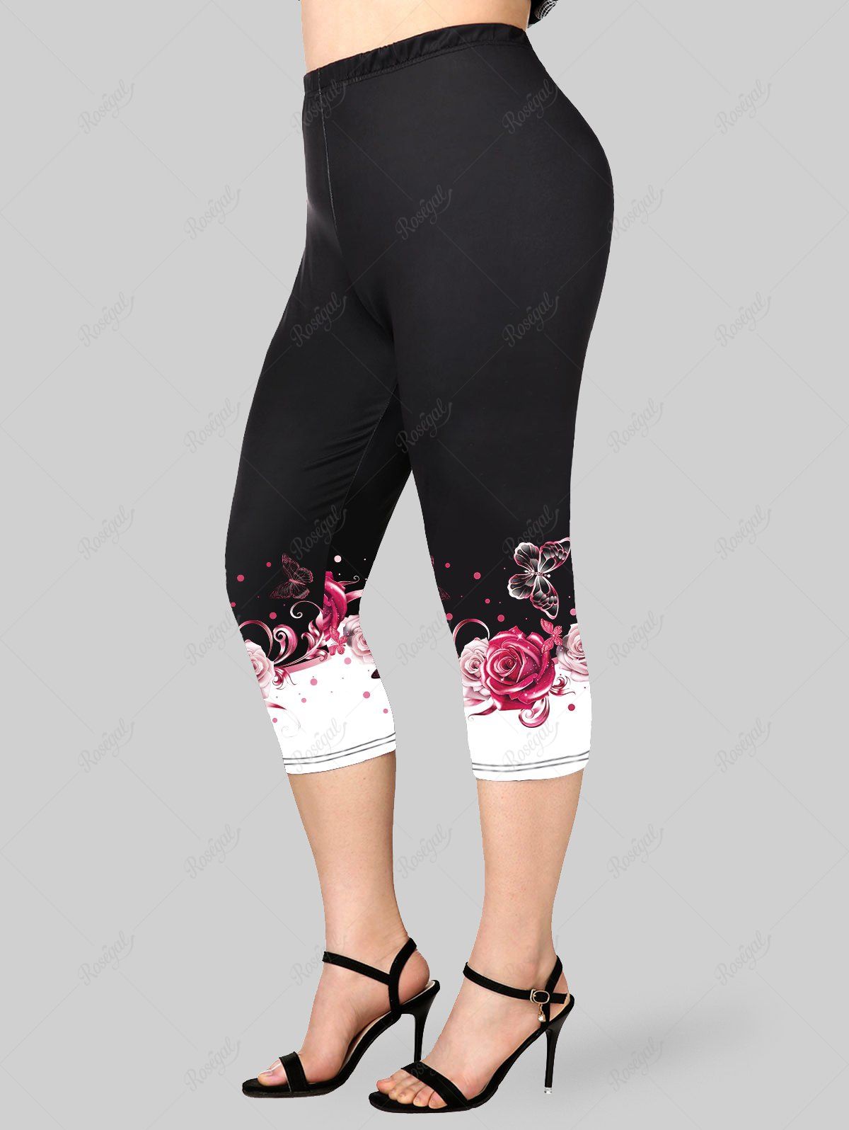 Fashion Plus Size Two Tone Rose Butterfly Printed Capri Leggings  
