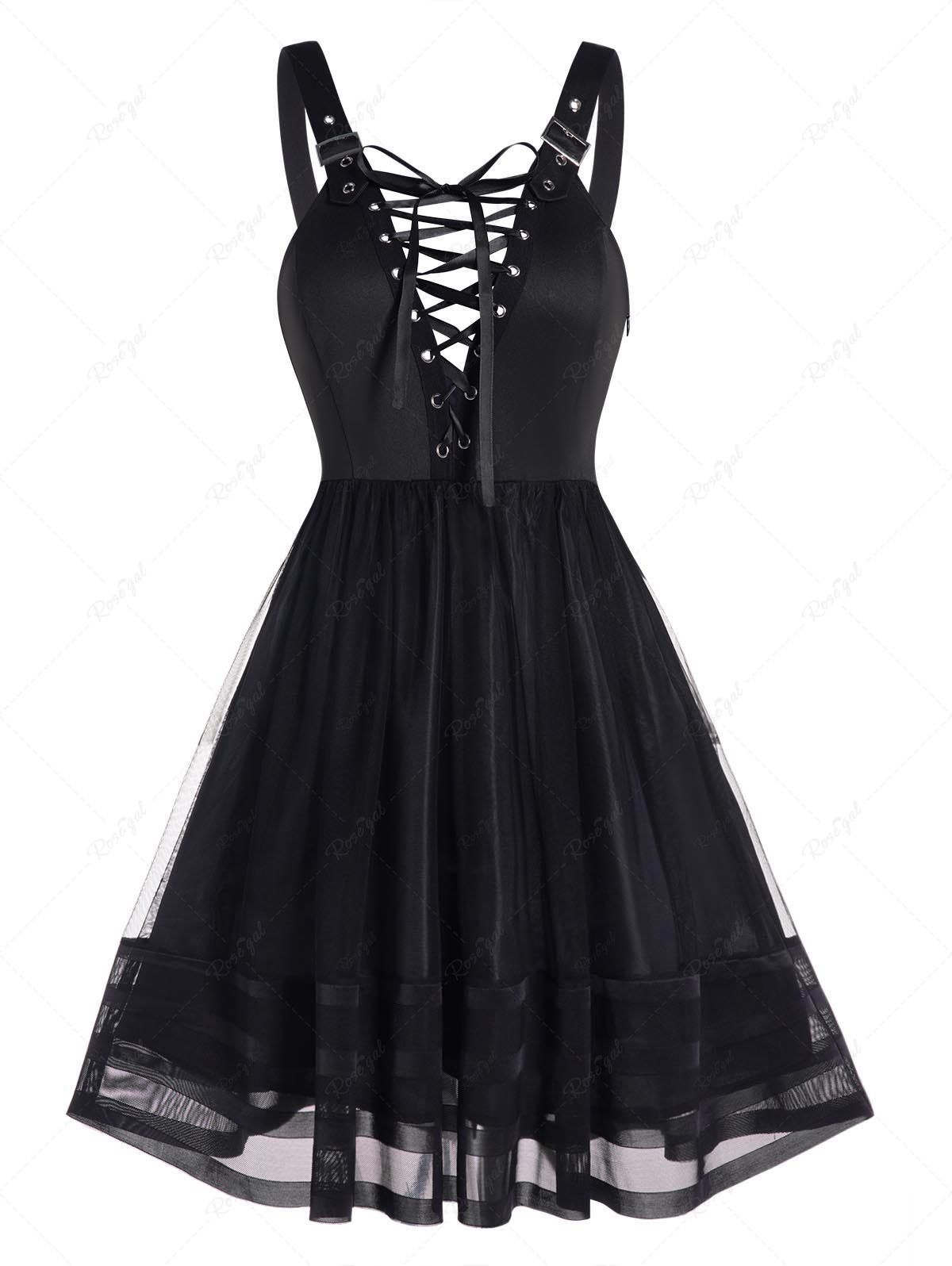 Trendy Lace Up Mesh Overlay Buckle Strap A Line Dress  