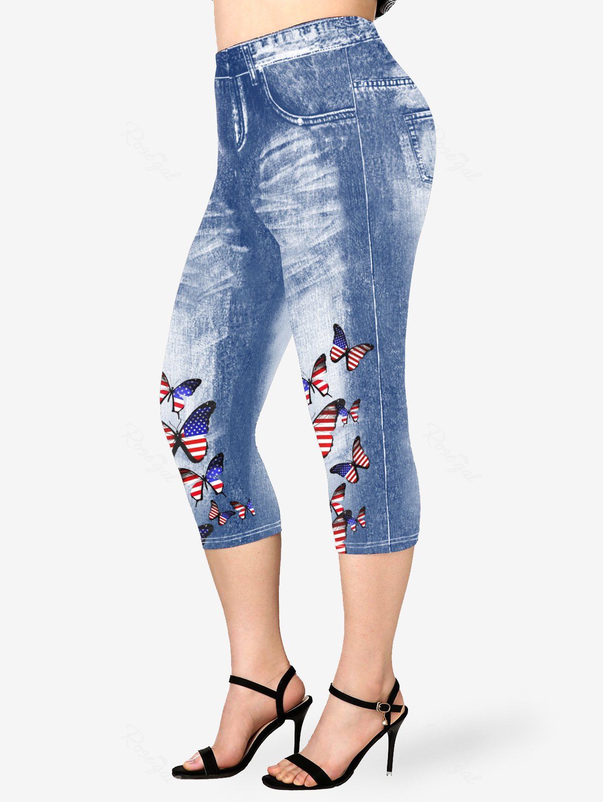 Outfits Plus Size Patriotic 3D Jeans Butterfly American Flag Capri Jeggings  