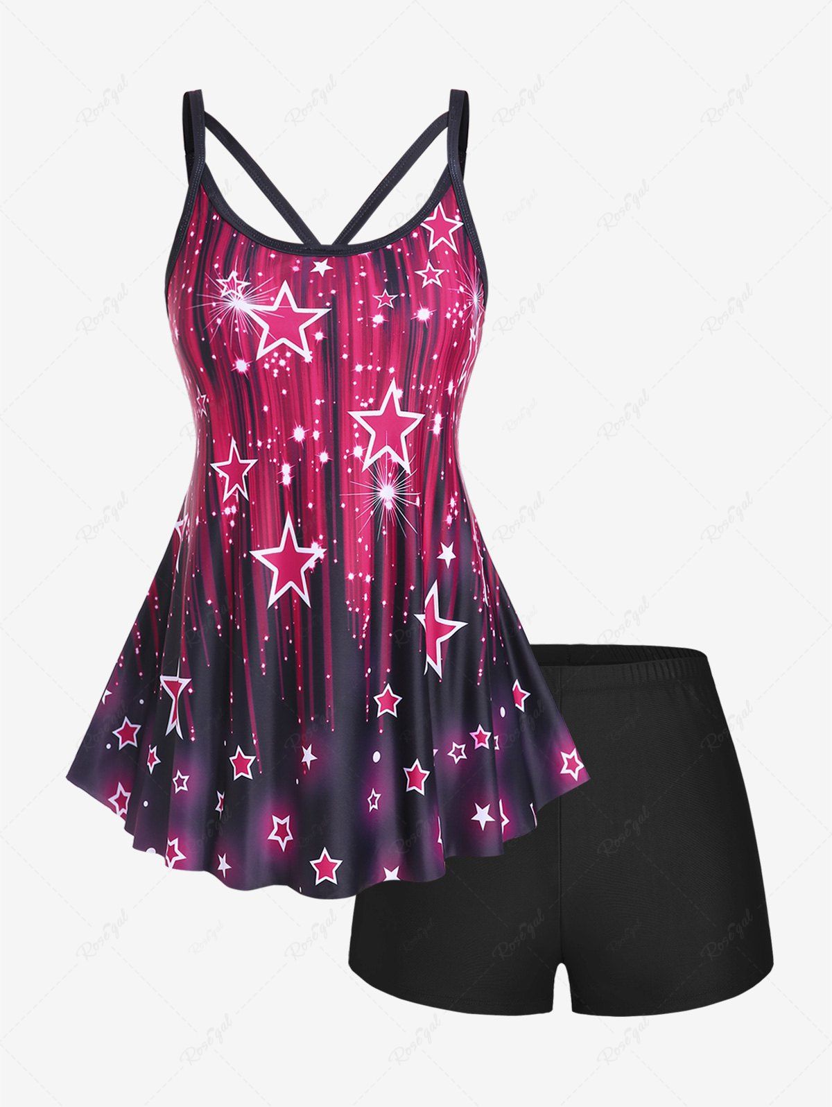 Fashion Plus Size 3D Sparkles Stars Printed Padded Boyleg Tankini Swimsuit  