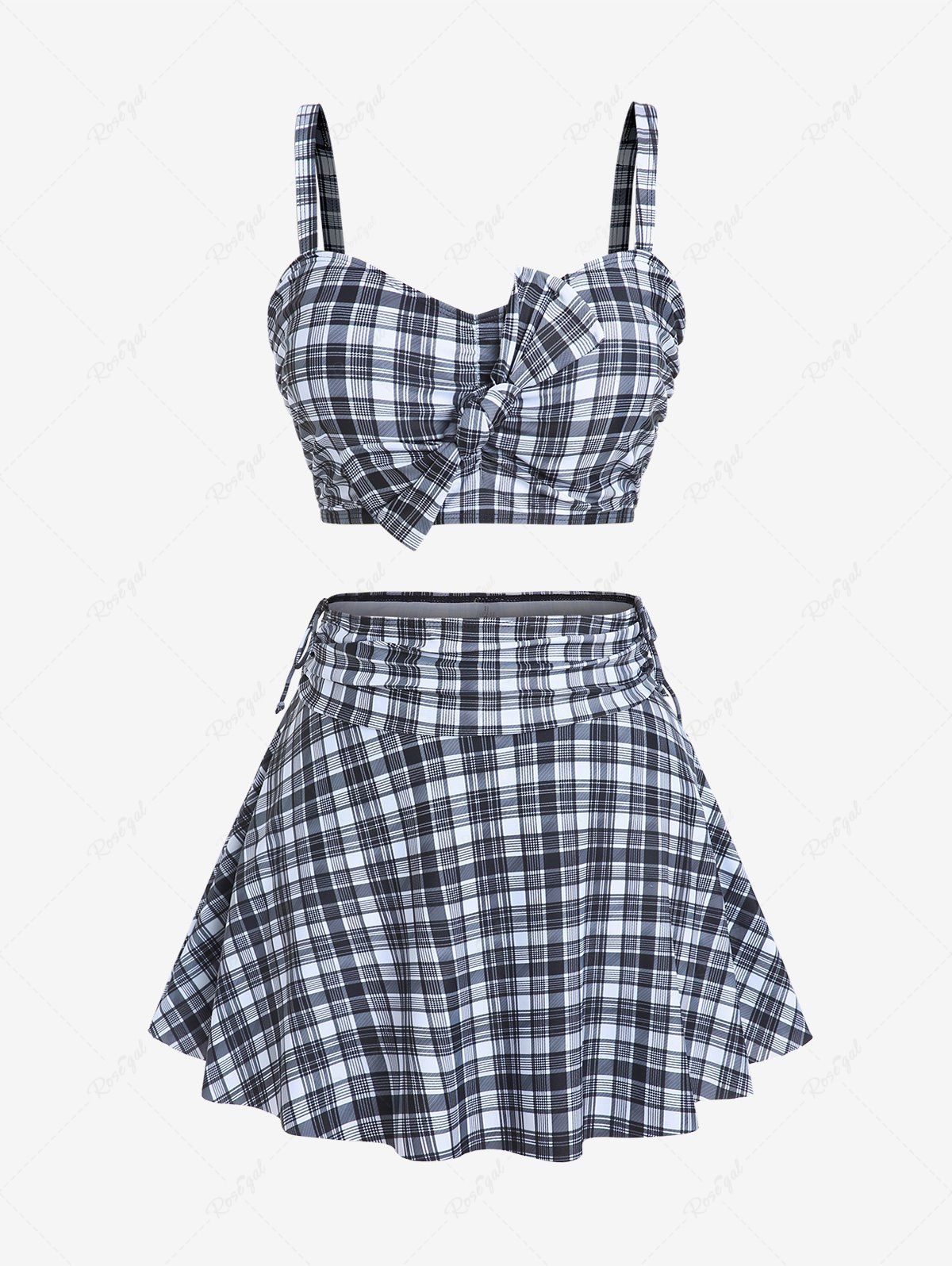 Maillot de Bain Bikini Rembourré Long à Carreaux de Grande Taille Trois Pièces Noir 4X | US 26-28