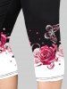Plus Size Two Tone Rose Butterfly Printed Capri Leggings -  