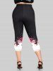 Plus Size Two Tone Rose Butterfly Printed Capri Leggings -  
