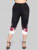 Plus Size Two Tone Rose Butterfly Printed Capri Leggings -  