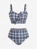 Plus Size Plaid Cinched Bowknot Padded Longline Bikini Three Piece Swimsuit -  
