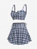 Plus Size Plaid Cinched Bowknot Padded Longline Bikini Three Piece Swimsuit -  