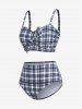 Plus Size Plaid Cinched Bowknot Padded Longline Bikini Three Piece Swimsuit -  