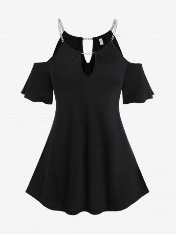 Keyhole Cold Shoulder Chains Tee and Pull On Flare Pants Plus Size Summer Outfit