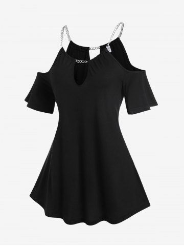 Keyhole Cold Shoulder Chains Tee and Pull On Flare Pants Plus Size Summer Outfit