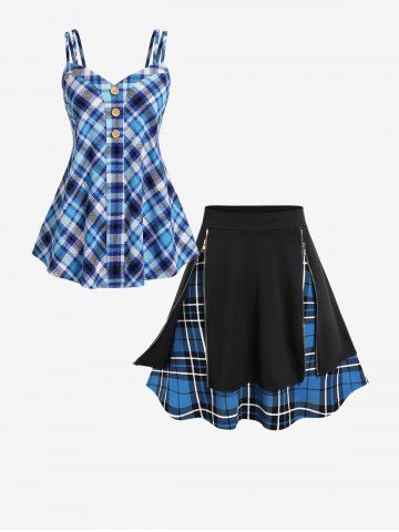 Plaid Dual Strap Tank Top and Zipper Mini Skirt Plus Size Summer Outfit - BLUE
