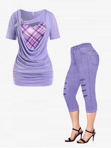 Heart Plaid Buckle Draped Ruched Tee and 3D Ripped Jeans Printed Leggings Plus Size Outfit - LIGHT PURPLE