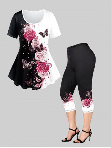 Rose Butterfly Two Tone Tee and Jeggings Plus Size Matching Set - LIGHT PINK