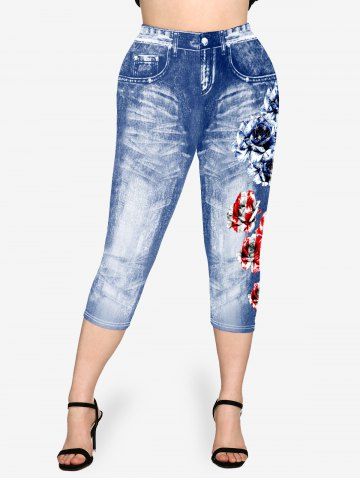 Rose American Flag Printed Patriotic Tee and 3D Jeans Print Capri Jeggings Plus Size Outfits