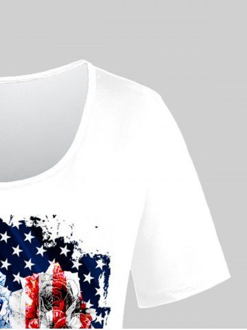 Rose American Flag Printed Patriotic Tee and 3D Jeans Print Capri Jeggings Plus Size Outfits