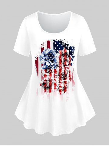 Rose American Flag Printed Patriotic Tee and 3D Jeans Print Capri Jeggings Plus Size Outfits