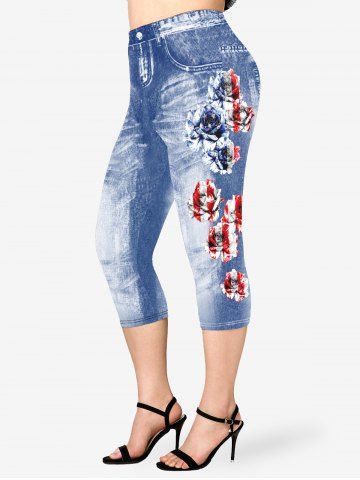 Rose American Flag Printed Patriotic Tee and 3D Jeans Print Capri Jeggings Plus Size Outfits