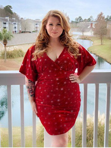 Plus Size Silver Stamping Bodycon Surplice Velvet Party Dress - RED - 5X | US 30-32