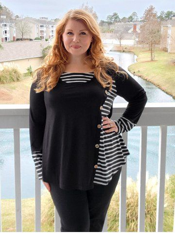 Plus Size Long Sleeve Mock Buttons Striped T-shirt