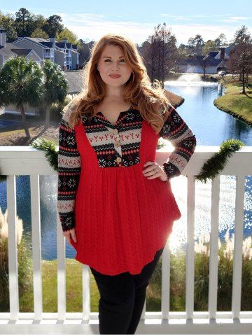 Plus Size Geometry Print Raglan Sleeve Cable Knit Top - RED - 3X | US 22-24