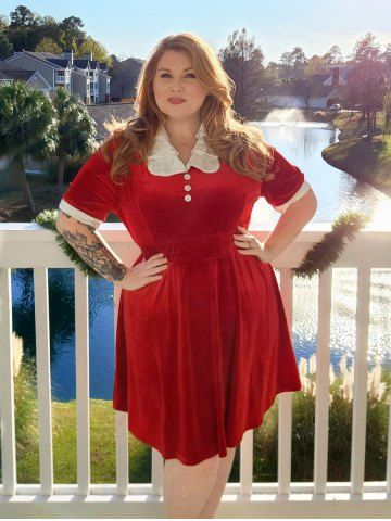 Plus Size Vintage Two Tone Christmas Party Velvet Fit and Flare Dress - RED - 4X | US 26-28