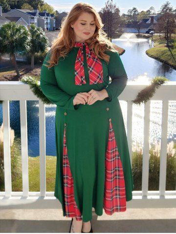 Plus Size Christmas Plaid Bowknot Godet Hem Vintage A Line Midi Dress - DEEP GREEN - 5X | US 30-32
