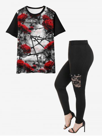 Thorns Rose Print T-shirt And Plus Size Lace Panel Grommet Flap Pocket Pants Gothic Outfit