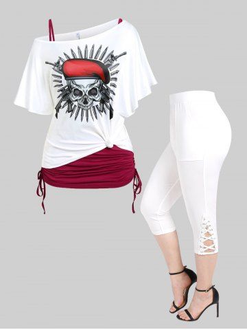 Ensemble de T-shirt Gothique à Imprimé Crâne Débardeur et Legging Capri Gothique Panneau en Dentelle Croisé de Grande Taille