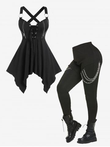 Ensemble avec Haut Débardeur Mouchoir Gothique Zippé à Lacets et Pantalon Moulant Embelli de Chaîne Grande Taille  - BLACK