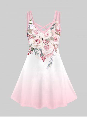 Plus Size Floral Crisscross Floral Print A Line Sleeveless Dress