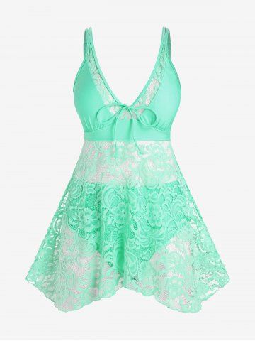 Plus Size & Curve Sheer Lace Panel Plunge Tankini Swimsuit - LIGHT GREEN - L