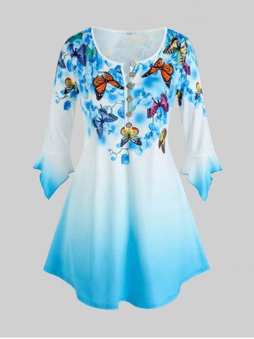 Plus Size Bell Sleeve Butterfly Floral Print Ombre Color Tee - BLUE - 1X