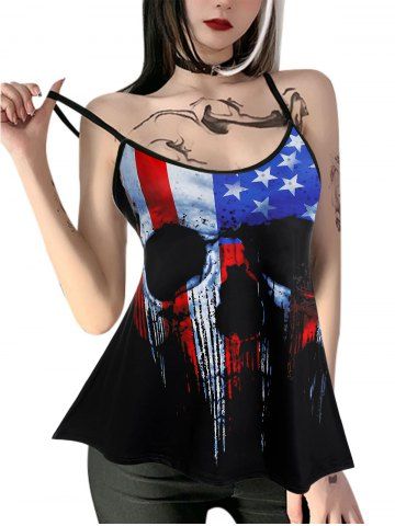 Gothic Patriotic American Flag Skull Print Cami Top (Adjustable Straps) - BLACK - 3X | US 22-24