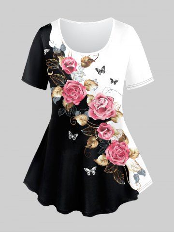 Plus Size Rose Butterfly Printed Two Tone T-shirt