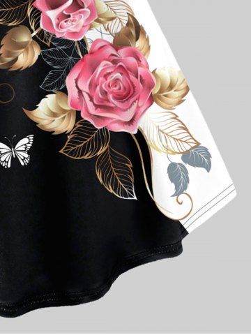 Plus Size Rose Butterfly Printed Two Tone T-shirt
