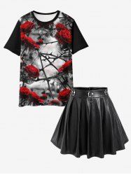 Ensemble de T-shirt Gothique à Imprimé Rose et Lettre et Jupe Plissée en Faux Cuir Anneau en D - Noir 